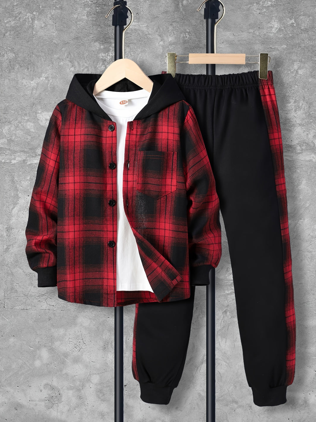 2pcs Boy's Casual Hoodie Outfit, Plaid Pattern Hooded Shirt & Sweatpants Set, Casual Long Sleeve Top, Kid's Clothes For Spring Fall Winter