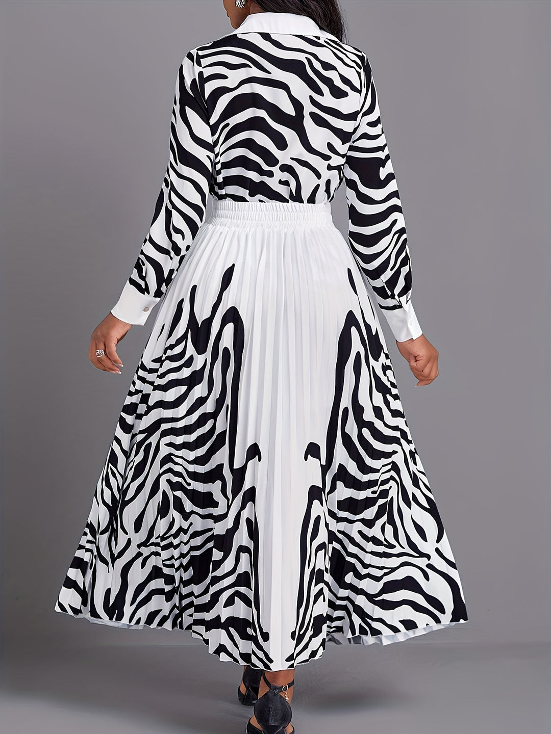 Graphic Print Two-piece Set, Boho Button Front Shirt & Pleated Skirt Outfits, Women's Clothing