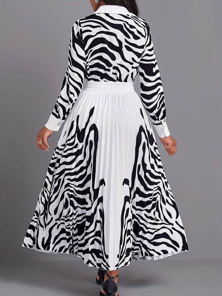Graphic Print Two-piece Set, Boho Button Front Shirt & Pleated Skirt Outfits, Women's Clothing