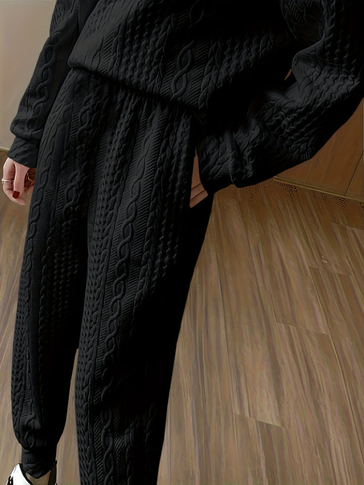 Textured Two-piece Set, Casual Long Sleeve Sweatshirt & Dual Pockets Pants Outfits, Women's Clothing