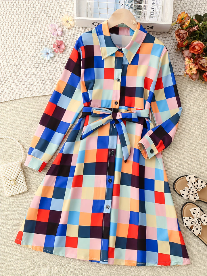 Trendy Girls' Stripe Long Sleeve Collared Shirt Dress With Belt, Casual Dresses For Teen Girls