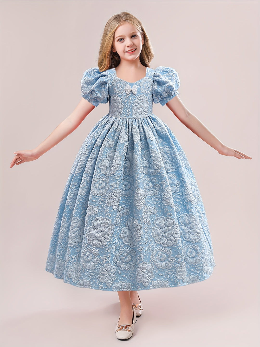 Girls Puff Sleeve Embroidered Princess Dress With Bowknot For Party Wedding Kids Special Occasion Clothing