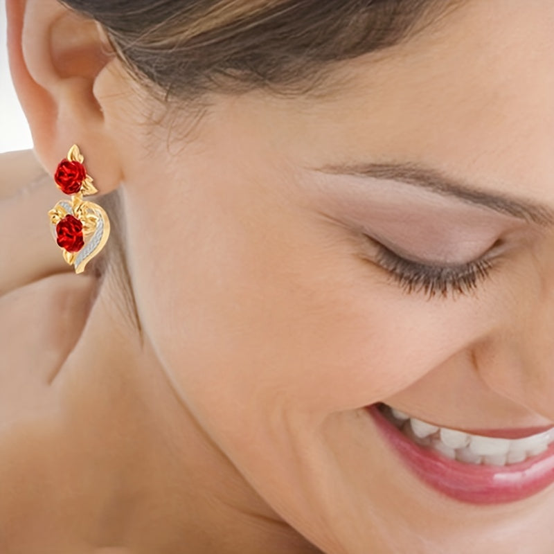 Romantic Valentine's Day Gift - Elegant Women's Heart Rose Flower Dangle Stud Earrings