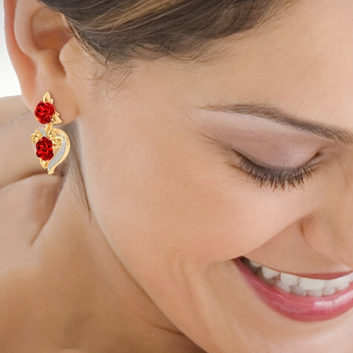 Romantic Valentine's Day Gift - Elegant Women's Heart Rose Flower Dangle Stud Earrings