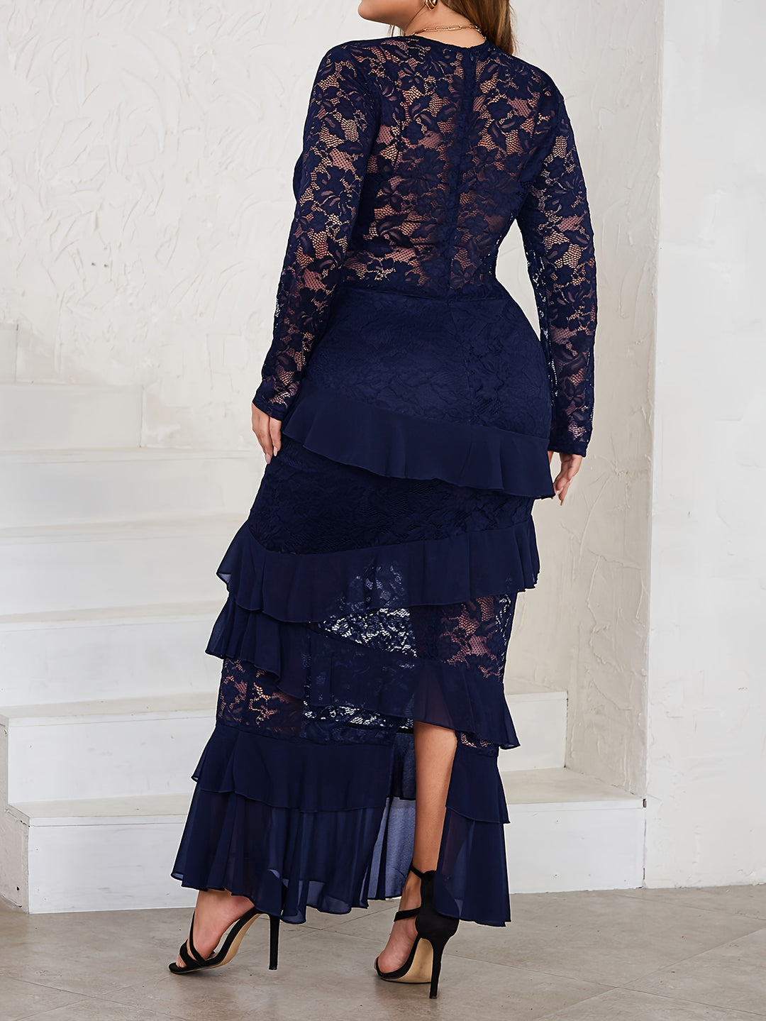 Plus Size elegant Dress, Women's Plus Solid Contrast Lace Long Sleeve Round Neck Ruffle Trim Maxi Dress