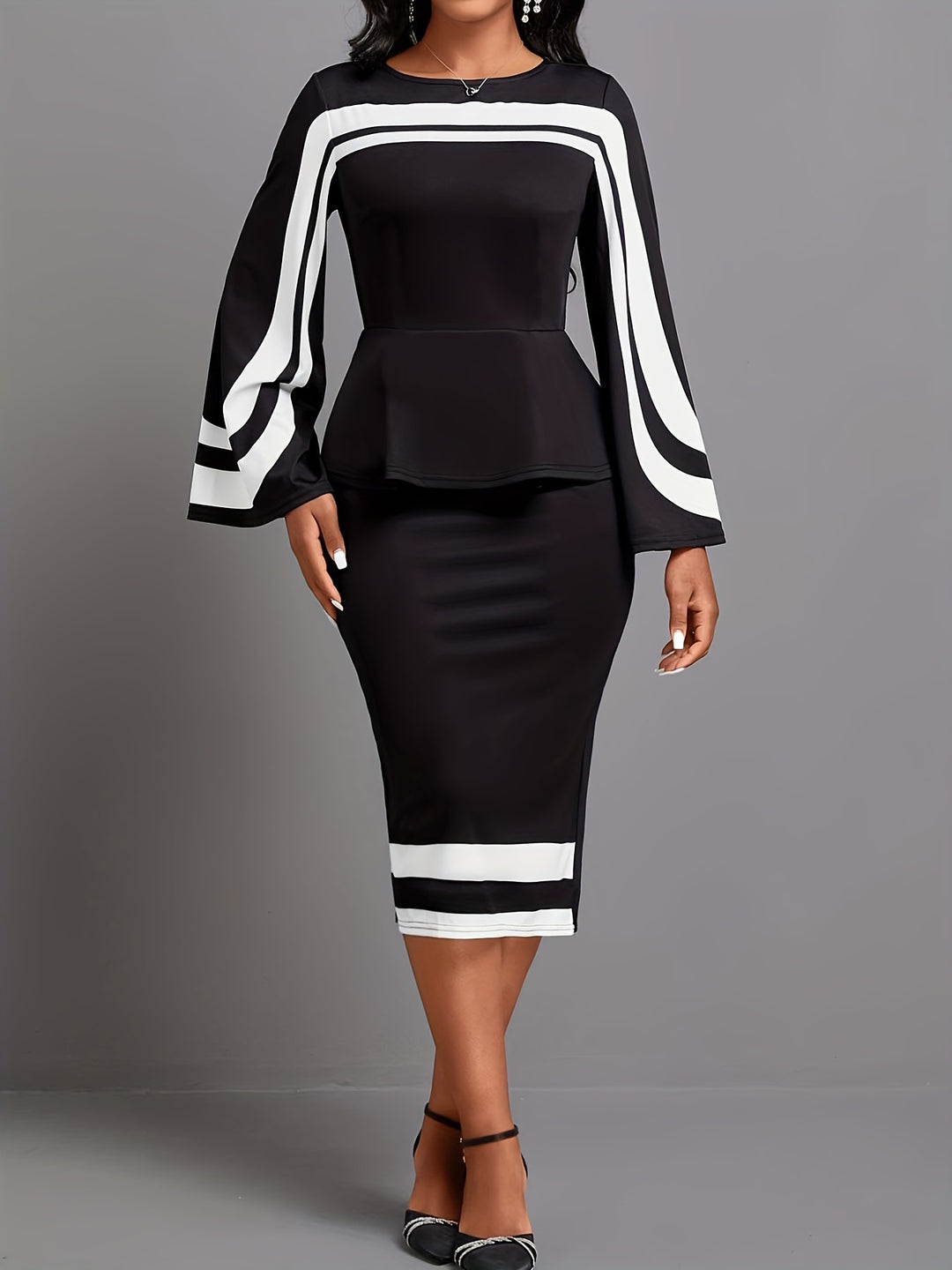 Stylish Plus Size Midi Dress for Women - Striped Print Faux Twinset with Bell Sleeves and Bodycon Fit