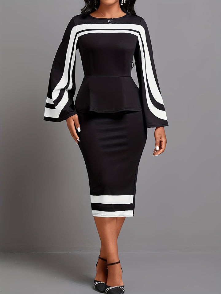 Stylish Plus Size Midi Dress for Women - Striped Print Faux Twinset with Bell Sleeves and Bodycon Fit