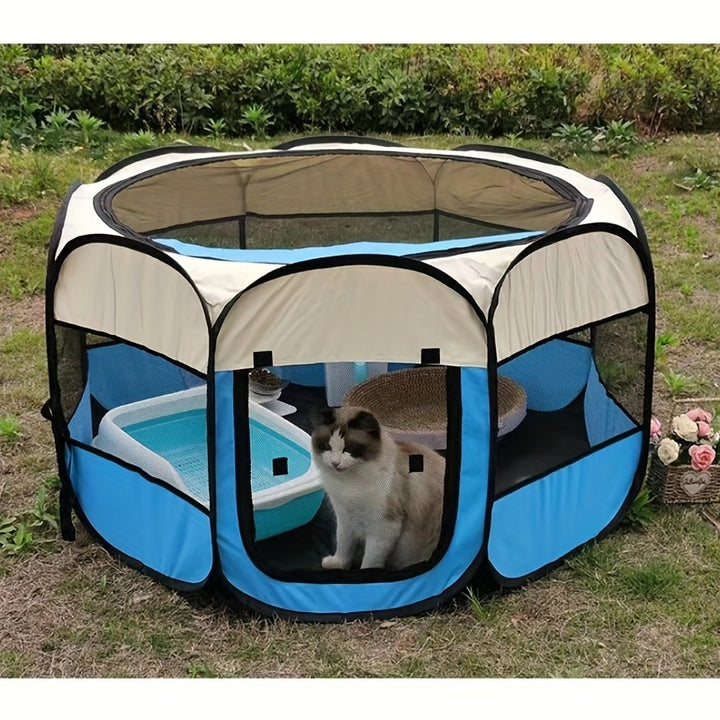 Foldable Pet Playpen with Removable Mesh Shade Cover - Indoor/Outdoor Exercise Kennel for Dogs, Cats, Puppies, and Kittens