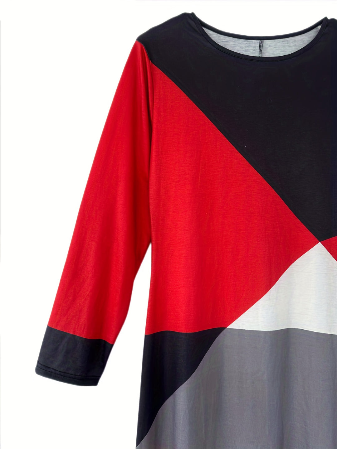 Plus Size Casual Dress, Women's Plus Colorblock Long Sleeve Round Neck Slight Stretch Maxi Dress