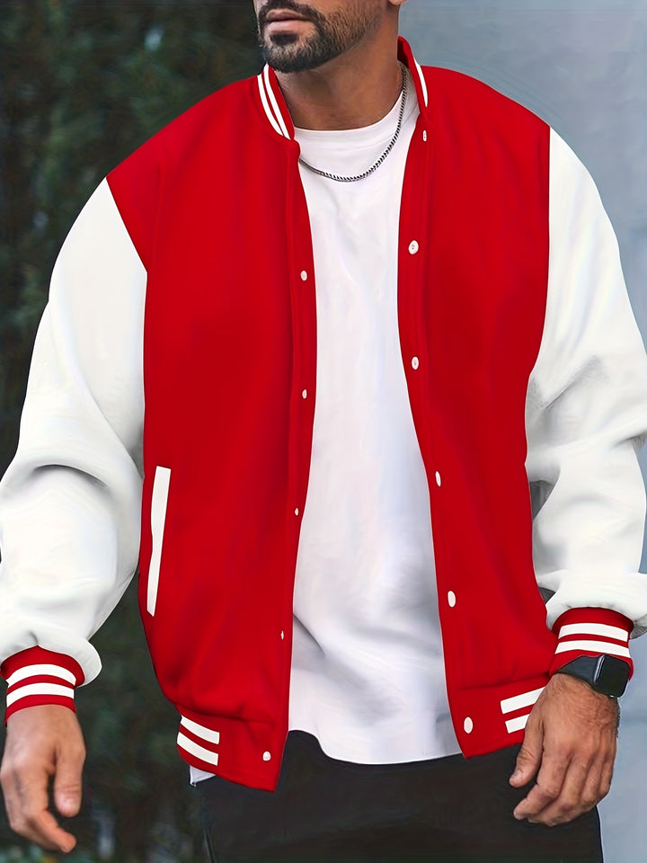 Warm Fleece Varsity Jacket, Men's Casual Color Block Button Up Jacket For Fall Winter School