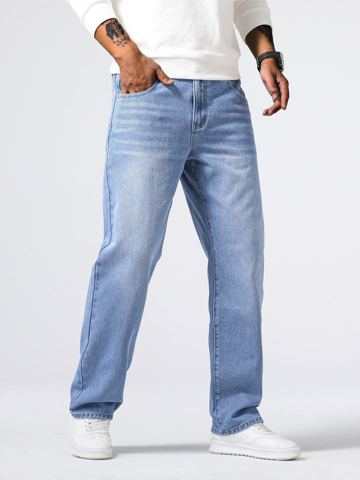 Loose Fit Straight Leg Jeans, Men's Casual Street Style Distressed Denim Pants For All Seasons