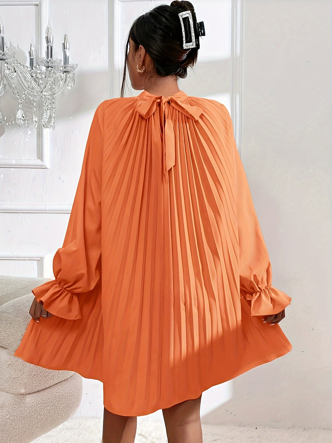 Elegant Solid Color Pleated Dress for Women, Casual and Comfortable Long Sleeve Dress