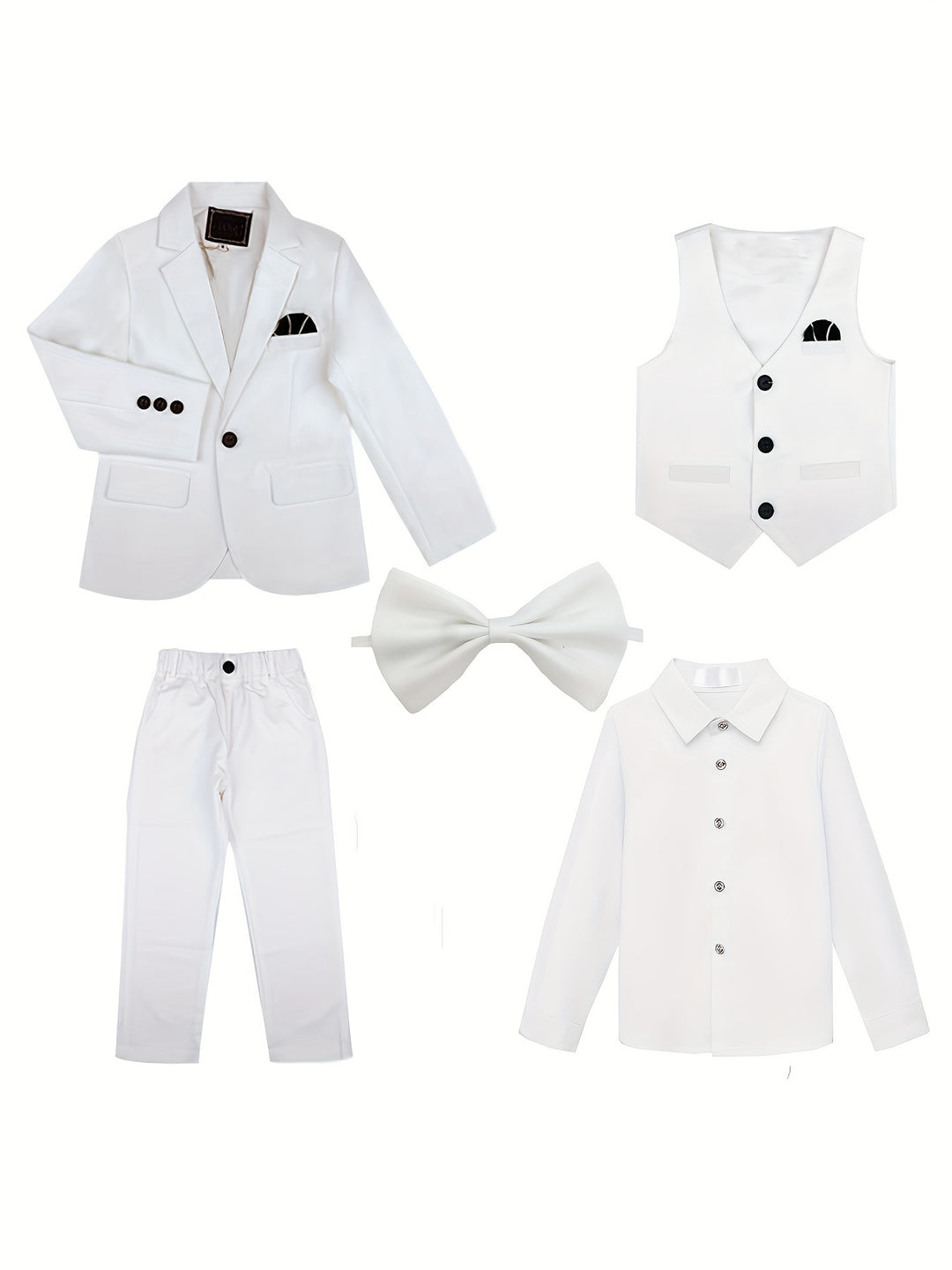 5pcs Boys Formal Gentleman Outfits Long Sleeve White Blazer&Bowtie&Shirt&Pants&Vest, Kids Clothing Set For Competition Performance Wedding Banquet Dress