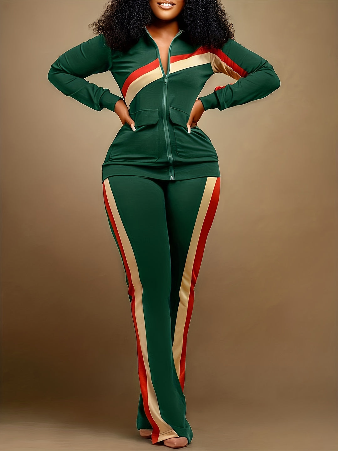 Plus Size Striped Print Jacket & Pants Set, Women's Plus Slight Stretch 2pcs Casual Set Outfits