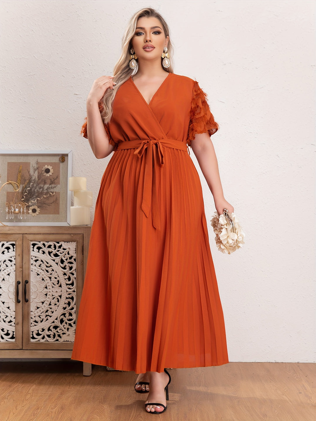 Plus Size Boho Dress, Women's Plus Solid Tassel Decor Butterfly Sleeve Surplice Neck Pleated Maxi Dress With Belt