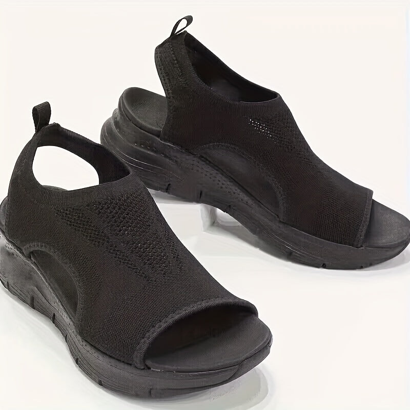 Women's Knitted Cut-out Sandals, Solid Color Open Toe Slip On Shoes, Lightweight Wedge Shoes