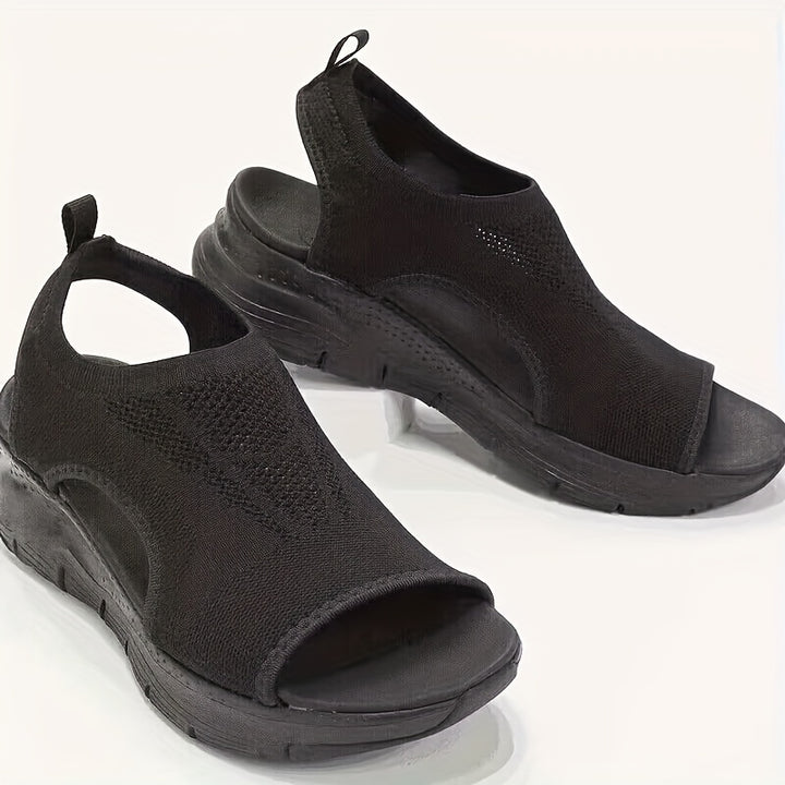 Women's Knitted Cut-out Sandals, Solid Color Open Toe Slip On Shoes, Lightweight Wedge Shoes