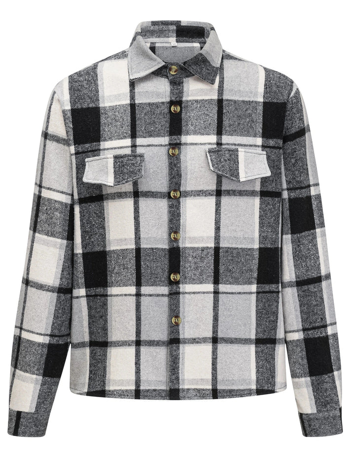 Retro Plaid Pattern Men's Casual Long Sleeve Lapel Shirt Jacket With Pocket Design, Fall Winter Outwear For Men