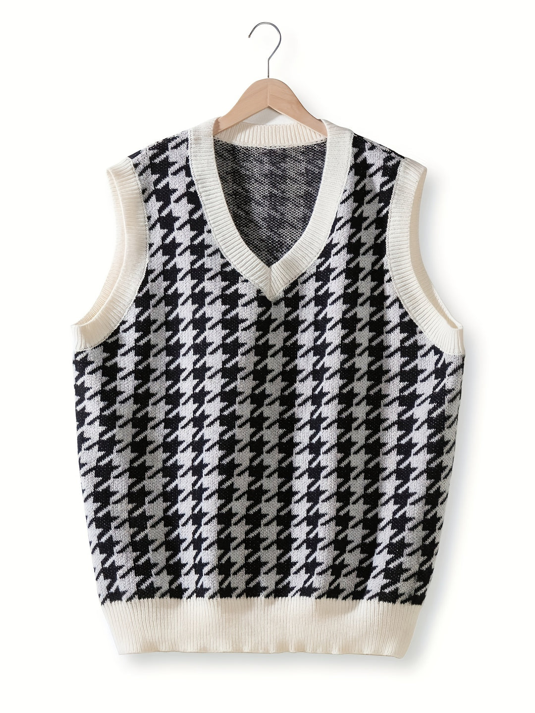 Men's V-neck Houndstooth Casual Sleeveless Knitted Sweater Vest, Men's Clothing For Autumn Winter