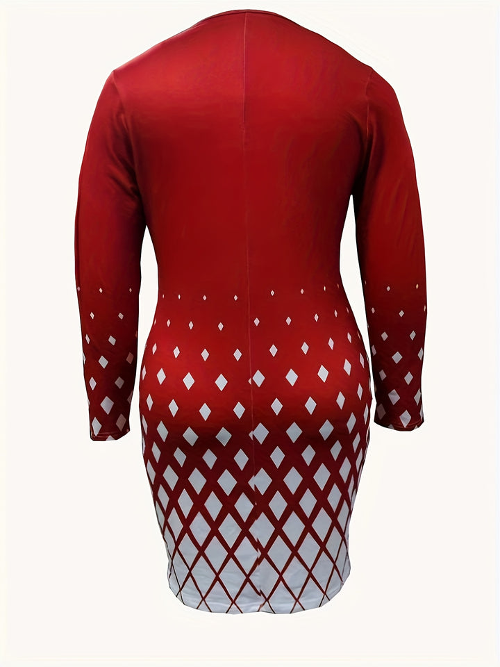 Plus Size Elegant Dress, Women's Plus Geometric Print Long Sleeve Notched Neck Slim Fit Dress