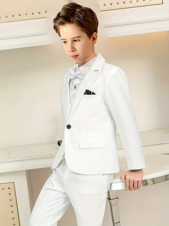 5pcs Boys Formal Gentleman Outfits Long Sleeve White Blazer&Bowtie&Shirt&Pants&Vest, Kids Clothing Set For Competition Performance Wedding Banquet Dress