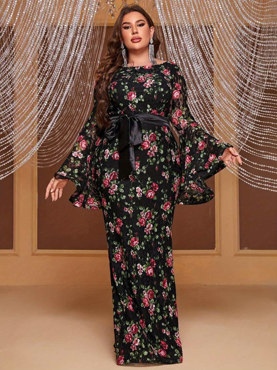 Elegant Plus Size Floral Dress for Parties and Banquets, with Flare Sleeves and Belted Waist