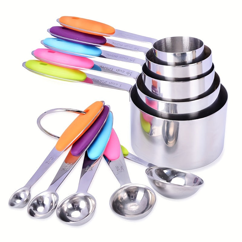 5/8/10/13pcs/set Measuring Cups And Measuring Spoons Set, Multifunctional Stainless Steel Measuring Spoon With Silicone Handle, Nesting Measuring Cup, Graduated Measuring Spoon Set, Baking Tool For Cooking And Baking, Cheapest Items, Kitchen Stuff