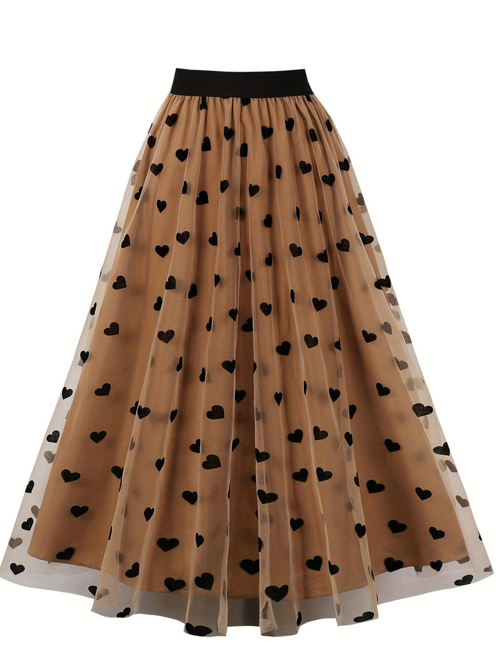Plus Size Elegant Skirt, Women's Plus Layered Heart Mesh Elastic Waist High Rise Slight Stretch A-line Skirt
