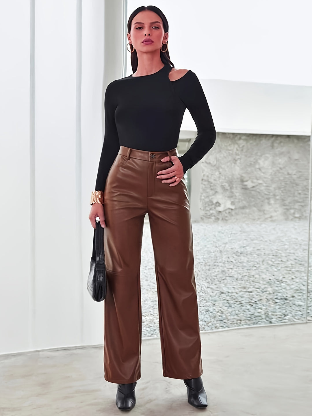 PU Leather Straight Leg Pants, Casual Pocket High Waist Pants, Women's Clothing