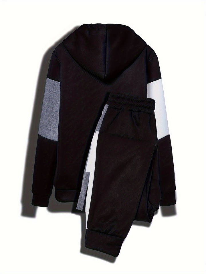 Color Block Men's 2Pcs Outfits, Casual Hoodies Long Sleeve Pullover Hooded Sweatshirt And Sweatpants Joggers Set For Spring Fall, Men's Clothing