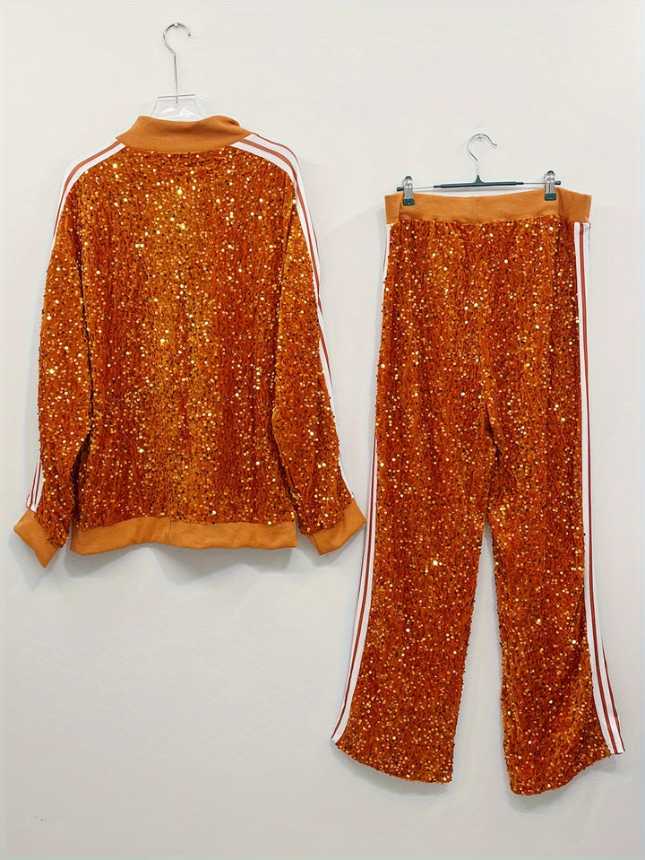 Plus Size Sequin Two-piece Set, Zip Front Long Sleeve Top & Pants Outfits, Women's Plus Size Clothing