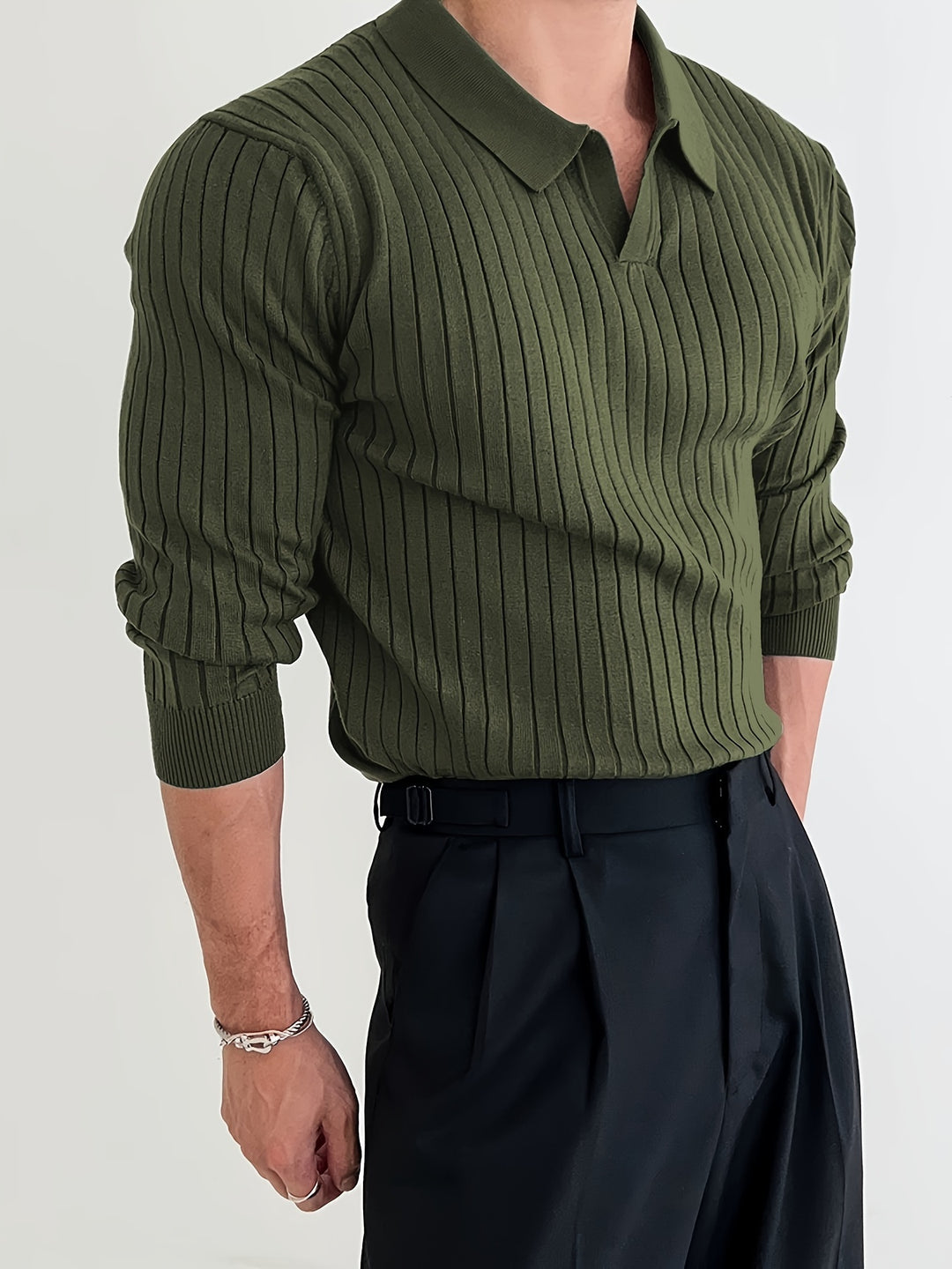 Solid Chic Knit Shirt, Men's Casual Lapel Slightly Stretch V-Neck Pullover Sweater For Autumn Winter