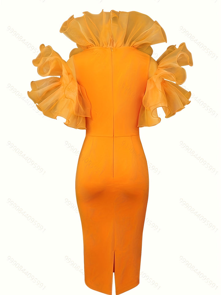 Plus Size Elegant Dress, Women's Plus Solid Exaggerated Frilly Sleeve Round Neck Bodycon Midi Dress