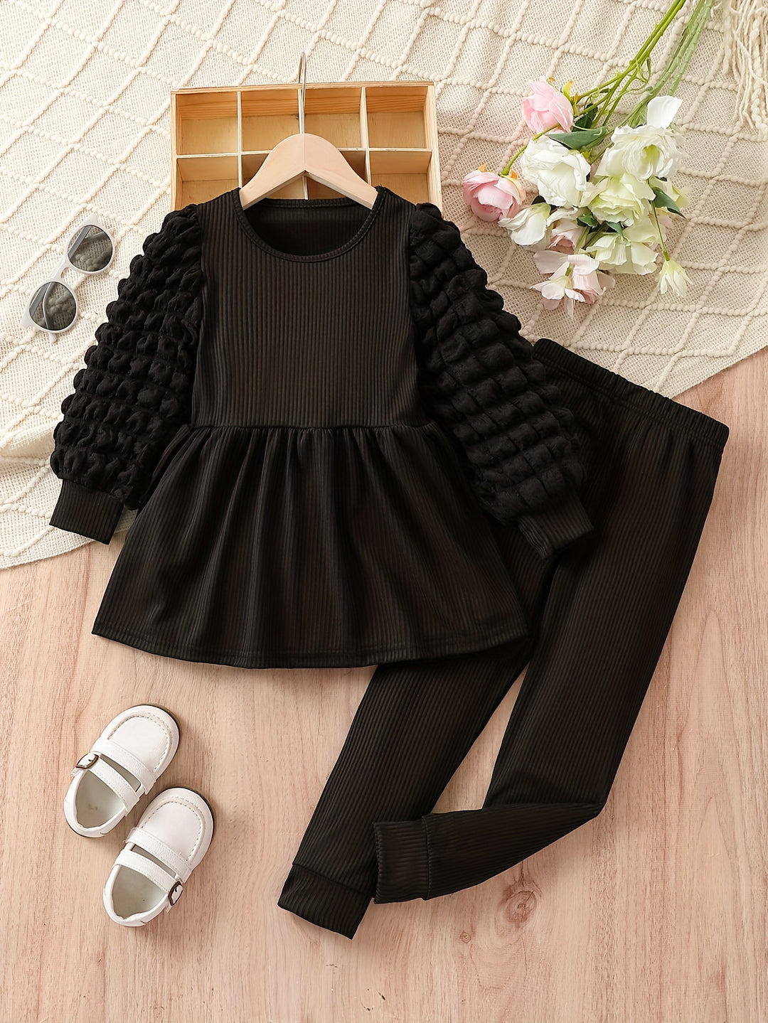 Solid Outfits 2pc Girls Puff Long Sleeve Top +pants Kids Clothes For Fall