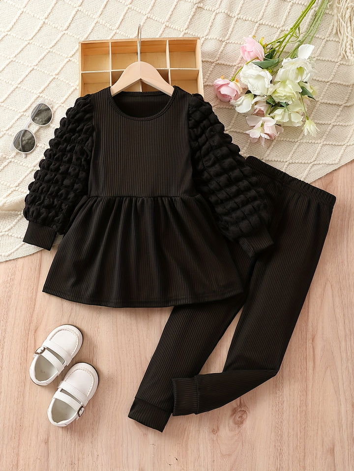 Solid Outfits 2pc Girls Puff Long Sleeve Top +pants Kids Clothes For Fall