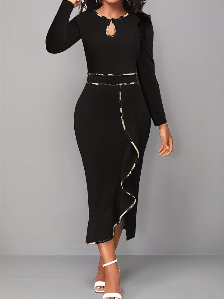 Plus Size Casual Dress, Women's Plus Contrast Trim Long Sleeve Round Neck Wrap Hem Cut Out Dress