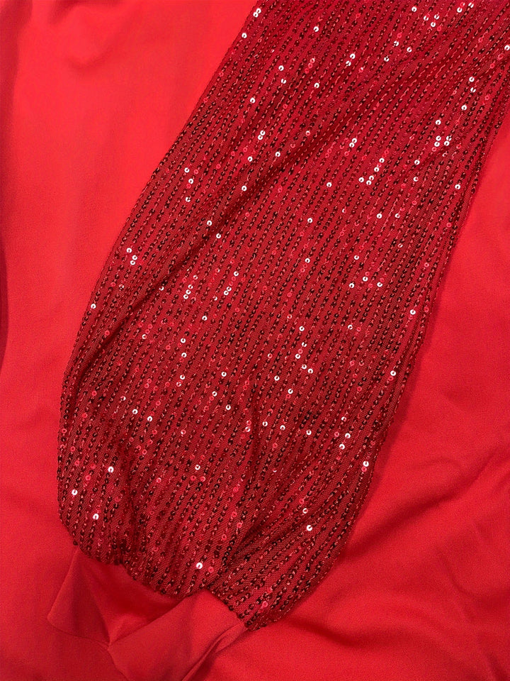 Plus Size Contrast Sequin Long Sleeve Wide Leg Jumpsuit, Women's Plus High Stretch Elegant Party Jumpsuit