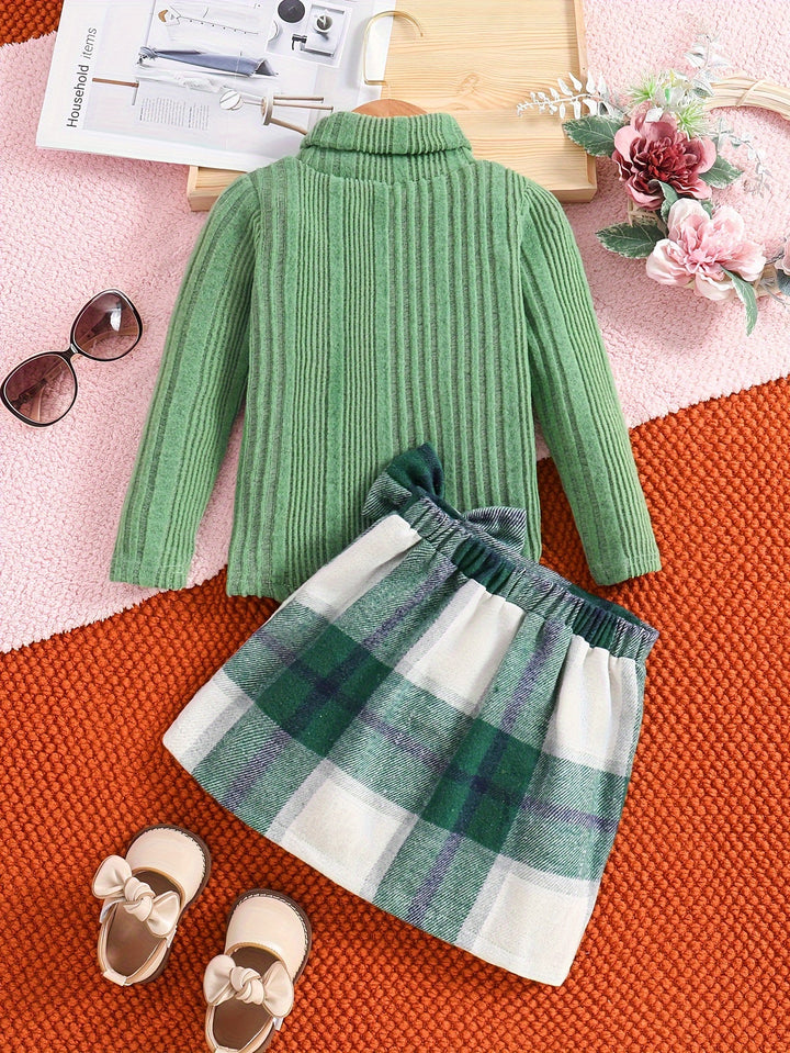 Elegant Outfits 2pcs Girls, Solid Turtleneck Pullover + Plaid Skirt Autumn Clothes Gift