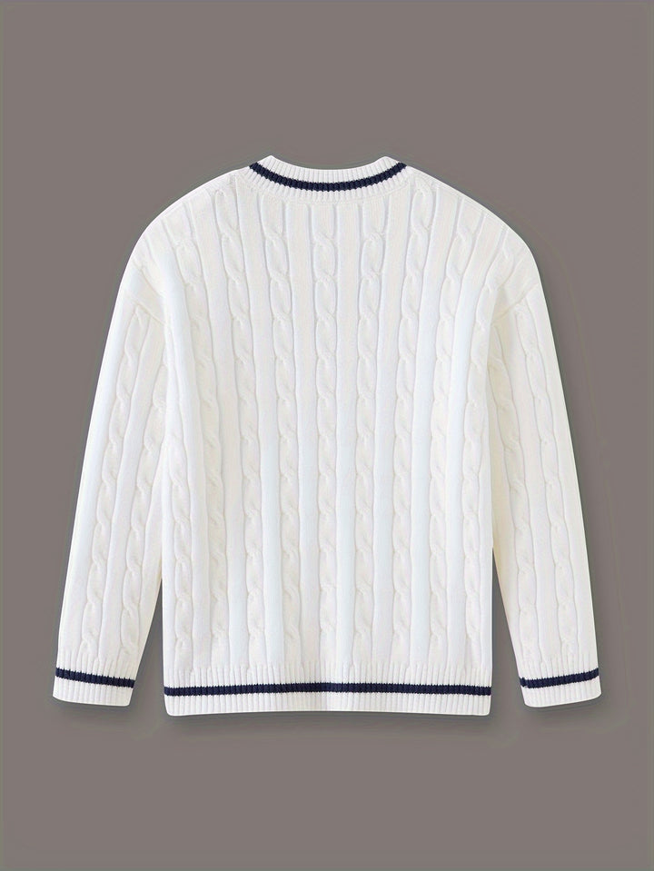 Kid's Preppy Style V-neck Sweater, Cable Knit Pullover, Causal Long Sleeve Top, Boy's Clothes For Spring Fall Winter