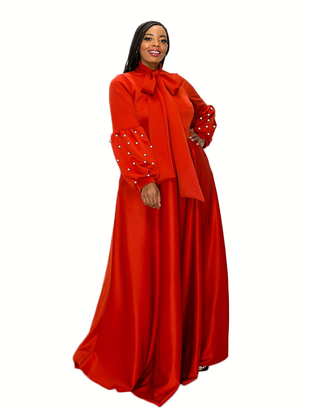 Plus Size Elegant Dress, Women's Plus Plain Faux Pearl Decor Knot Front Loose Fit Maxi Party Dress