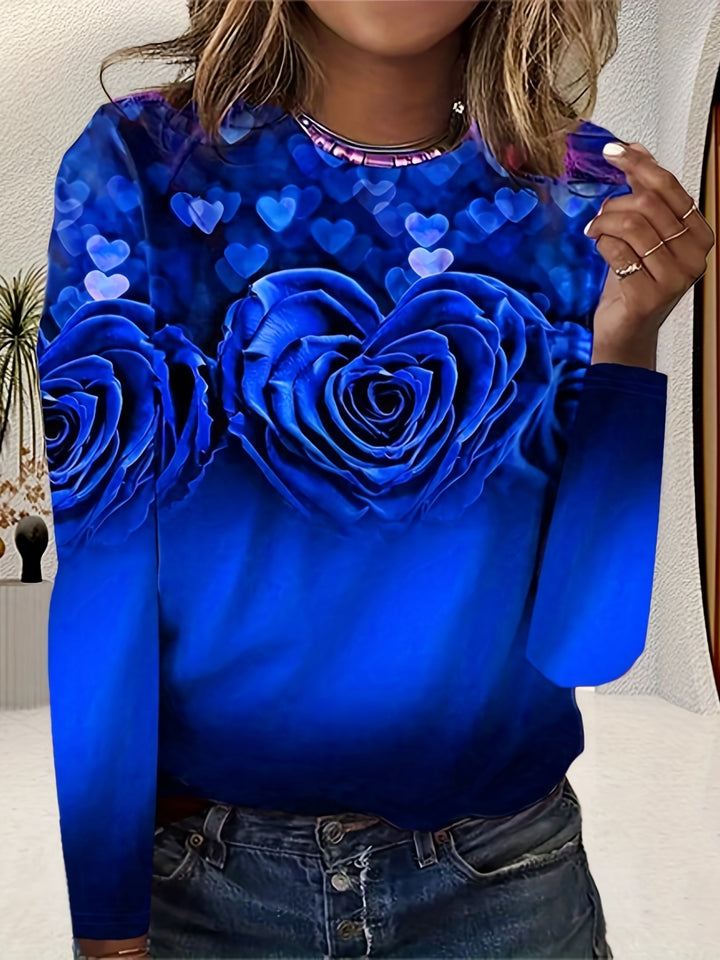 Plus Size Casual Top, Women's Plus Rose & Heart & Ombre Print Long Sleeve Round Neck Slight Stretch Top