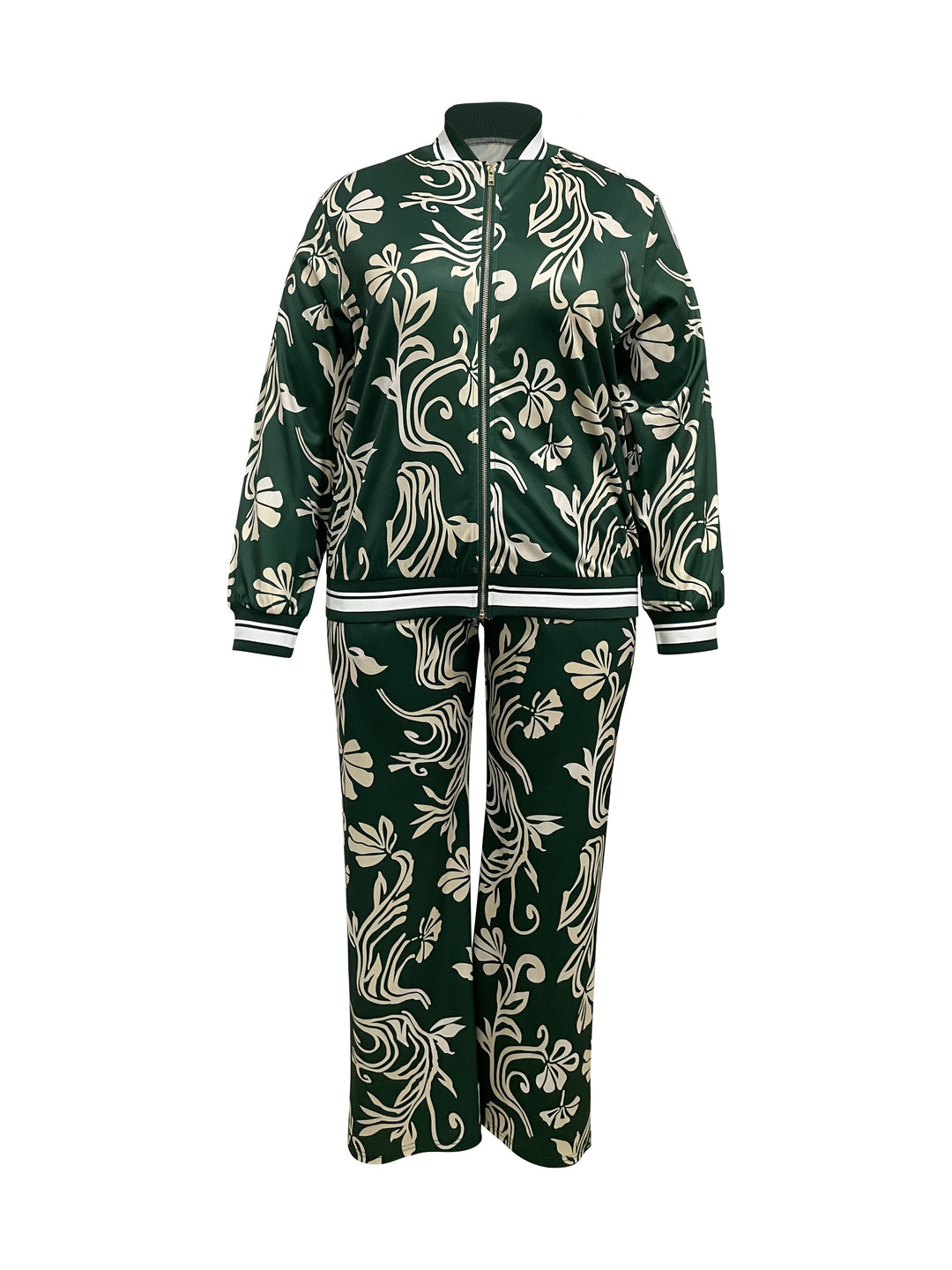 Plus Size Casual Outfits Set, Women's Plus Leaf Print Long Sleeve Zip Up Jacket & Pants Outfits 2 Piece Set