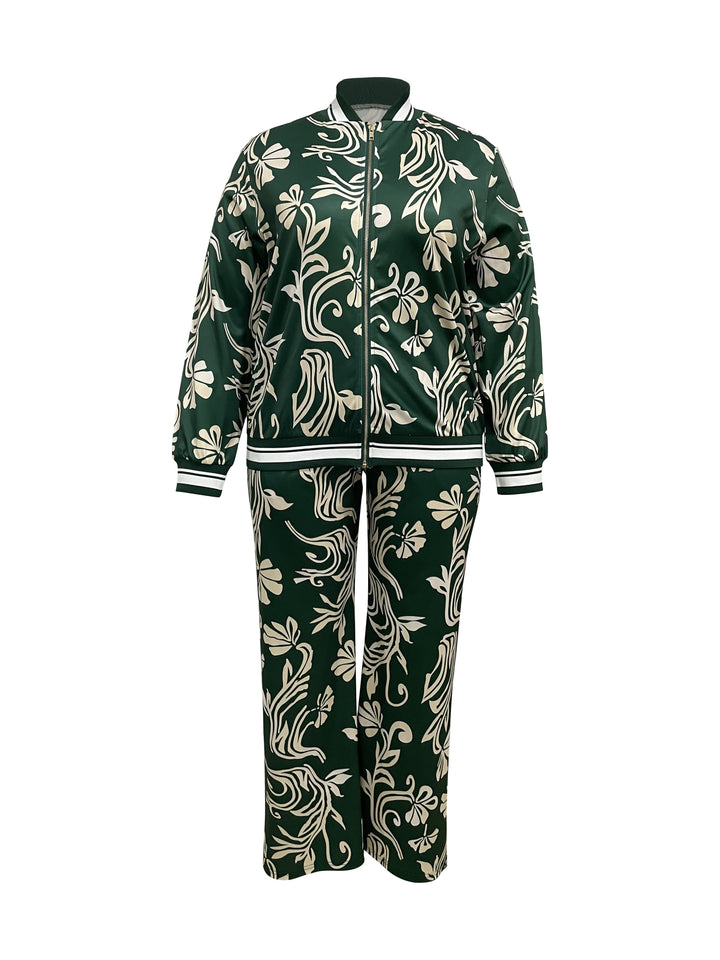 Plus Size Casual Outfits Set, Women's Plus Leaf Print Long Sleeve Zip Up Jacket & Pants Outfits 2 Piece Set