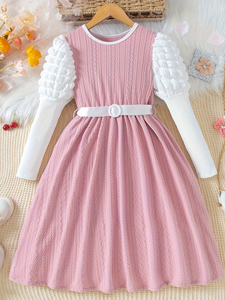 Sweet & Elegant Splicing Puff Long Sleeve Dress For Spring Fall Christmas Gift