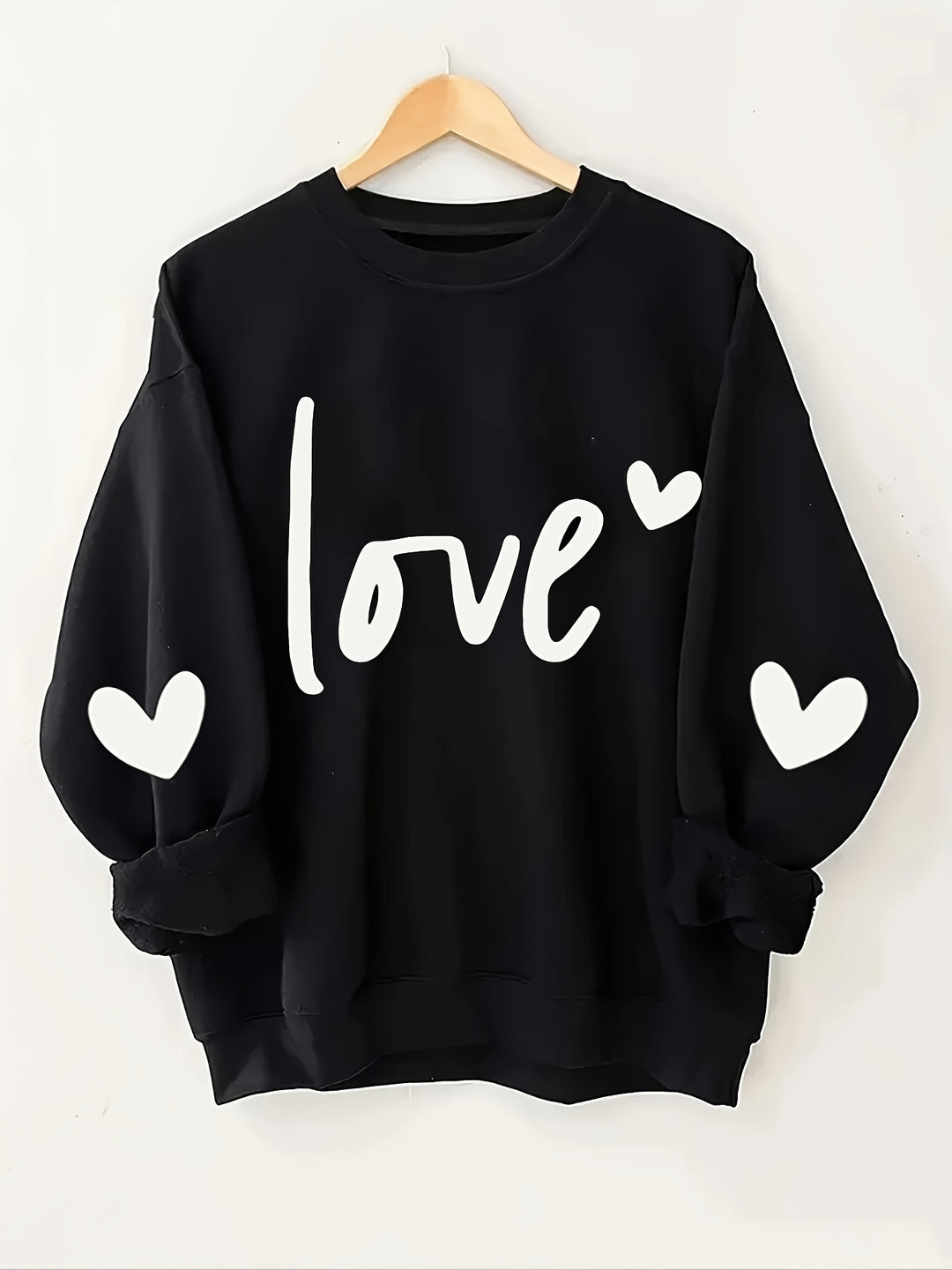 Plus Size Heart & Letter Print Sweatshirt, Casual Long Sleeve Crew Neck Sweatshirt, Women's Plus Size Clothing