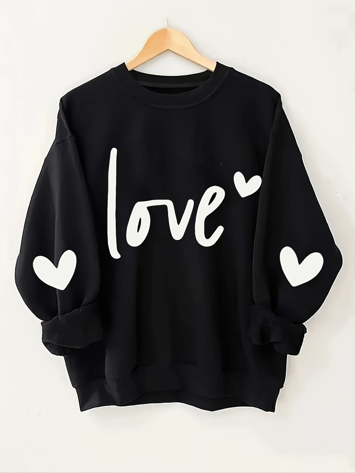 Plus Size Heart & Letter Print Sweatshirt, Casual Long Sleeve Crew Neck Sweatshirt, Women's Plus Size Clothing