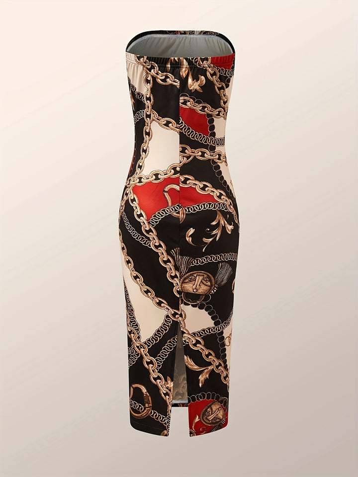 Plus Size elegant Outfits Set, Women's Plus Baroque Print Long Sleeve Open Front Cardigan & Tube Bodycon Midi Dress Outfits Two Piece Set