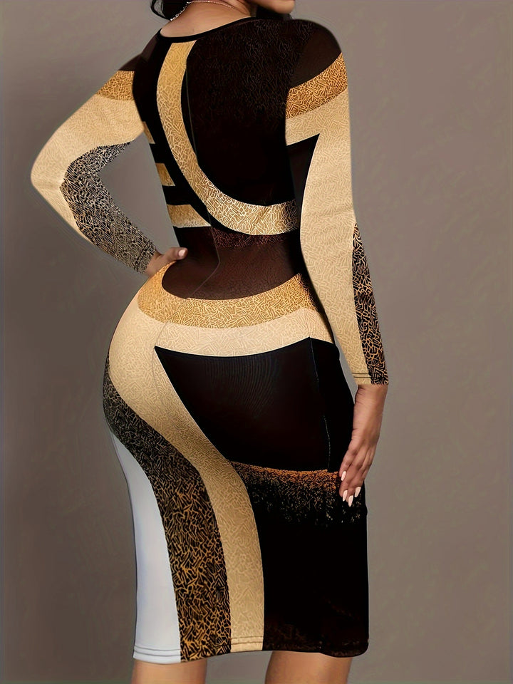 Color Block Long Sleeve Sheath Dress, Casual V Neck Slim Dress For Spring & Fall, Women's Clothing