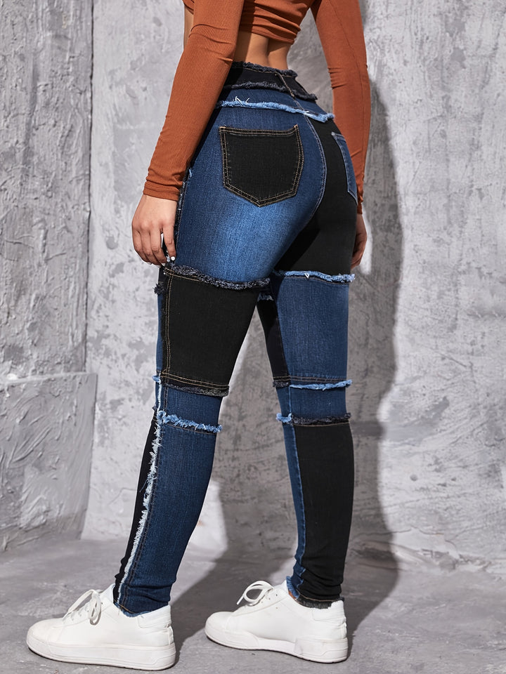 Patched Colorblock Skinny Jeans, High Waist Slim Fit Slash Pockets High Rise Raw Hem Denim Pants, Women's Denim Jeans & Clothing