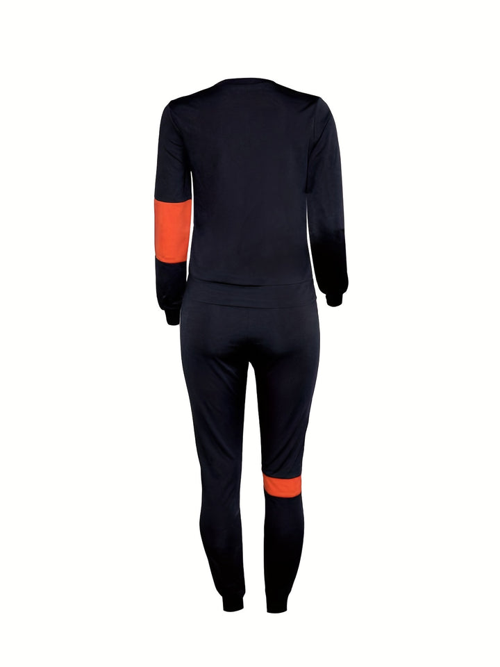 Plus Size Strip Pattern Shirt & Pants Set, Women's Casual Round Neck Slight Stretch 2pcs Set